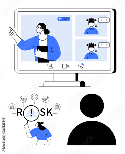 Professional presenting in an online meeting on a screen with attendees, analyzing risk through icons. Ideal for teamwork, online learning, risk management, communication, virtual collaboration