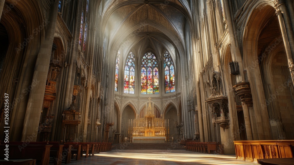 A grand, empty cathedral interior with soft light streaming through stained glass windows. A grand, empty cathedral interior with soft light streaming through stained glass windows.