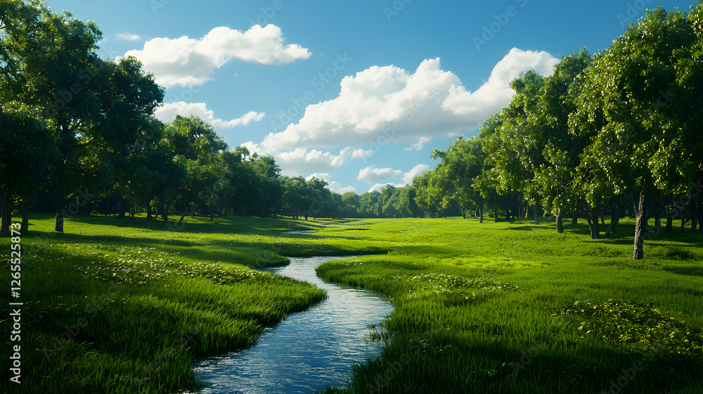 Summer Landscape with Winding River and Lush Green Trees Summer Landscape with Winding River and Lush Green Trees