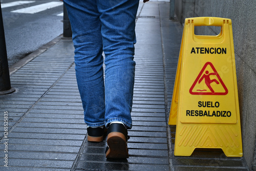  Gros plan sur les pieds d'une personne marchant sur un trottoir à côté d'un panneau indiquant en espagnol attention sol glissant photo