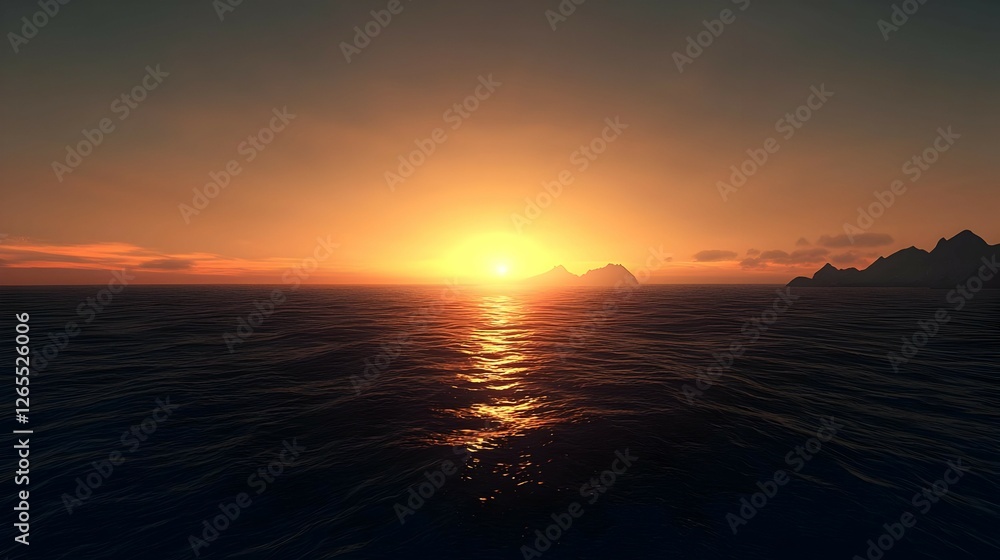 Obraz premium Orange And Yellow Sunset Over Dark Ocean With Silhouette Islands