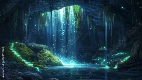 mysterious cave with an underground waterfall, glowing bioluminescent moss on the walls, ethereal lighting