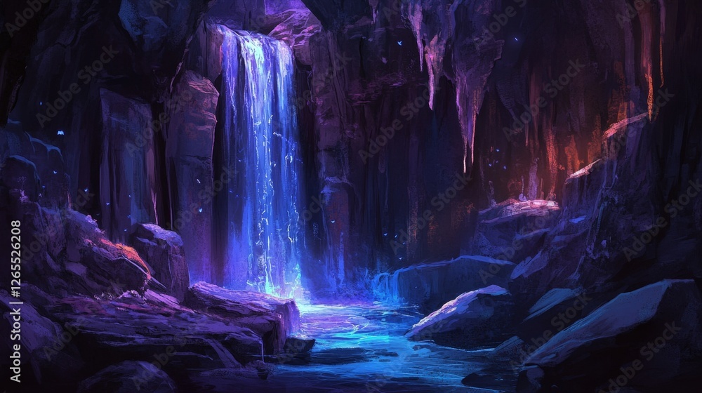 Obraz premium mysterious cave with an underground waterfall, glowing bioluminescent moss on the walls, ethereal lighting