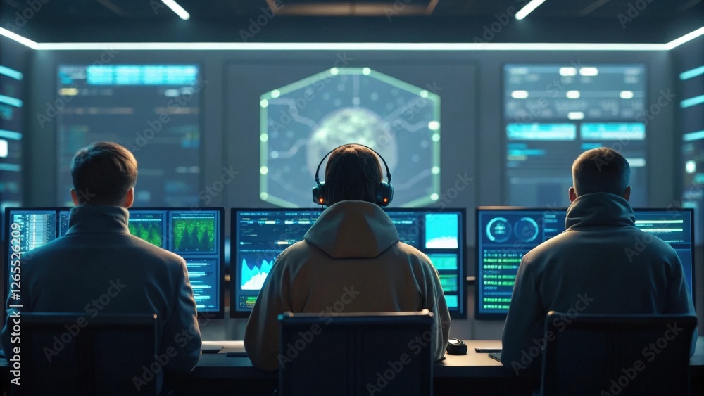 Fototapeta premium Three technicians monitoring screens in a futuristic control room