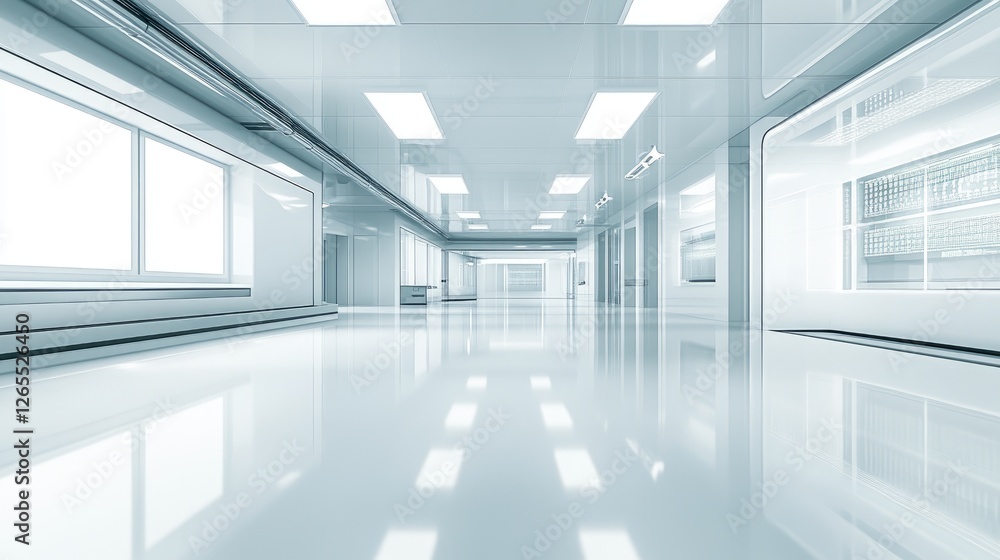 Obraz premium A high-tech industrial cleanroom with bright white lights and sterile surfaces.