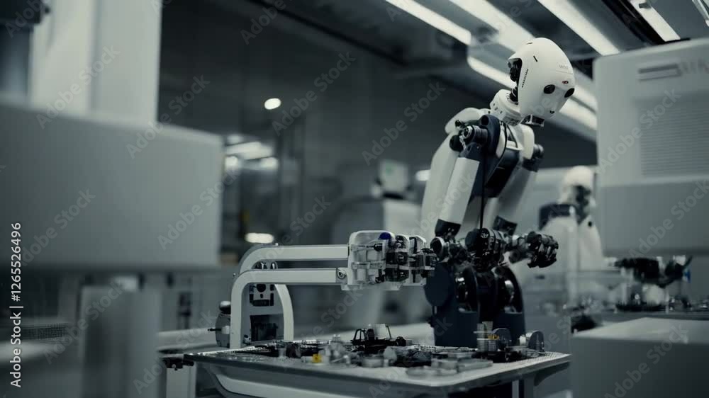 A robot assembles parts in a quiet, automated factory. A robot assembles parts in a quiet, automated factory.