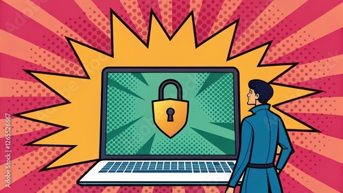 pop art illustration of a man looking at a laptop screen with a lock icon in a comic book style explosion effect. The bright and bold colors and graphic style add a dynamic feel to the image.