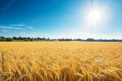 Weites goldenes Weizenfeld im sanften Wind unter einem klaren blauen Himmel, erstellt mit generativer KI photo