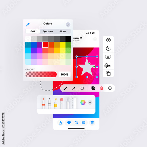 Markup menu when editing a picture in a phone. Mobile app interface with drawing tools and color palette. Color picker and illustration tools.  Vector illustration