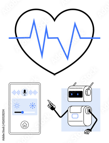 Heartbeat smart home device, robot. Ideal for health technology, smart living, home automation, AI, healthcare, futuristic tech, innovation. Line metaphor