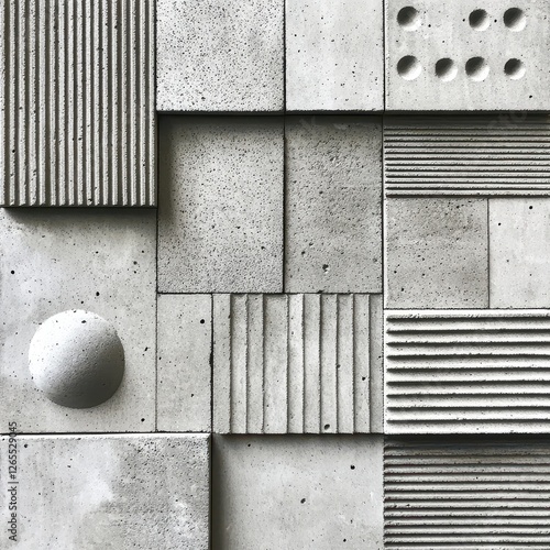Various concrete blocks arranged with different textures and patterns