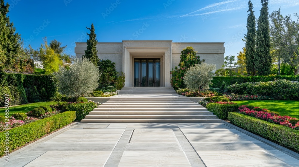 Naklejka premium Elegant house entrance with clean lines, blending modern design and serene outdoor beauty.