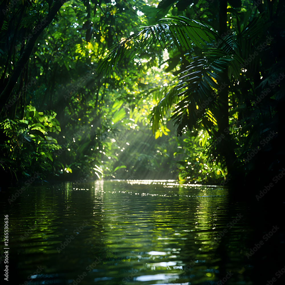 Obraz premium Sunbeams Filtering Through Lush Green Jungle River