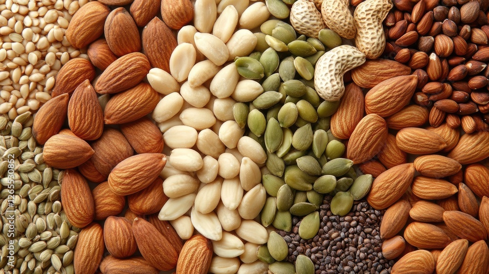 Naklejka premium A selection of nuts and seeds scattered on a neutral background, leaving a clean copy space in the middle.