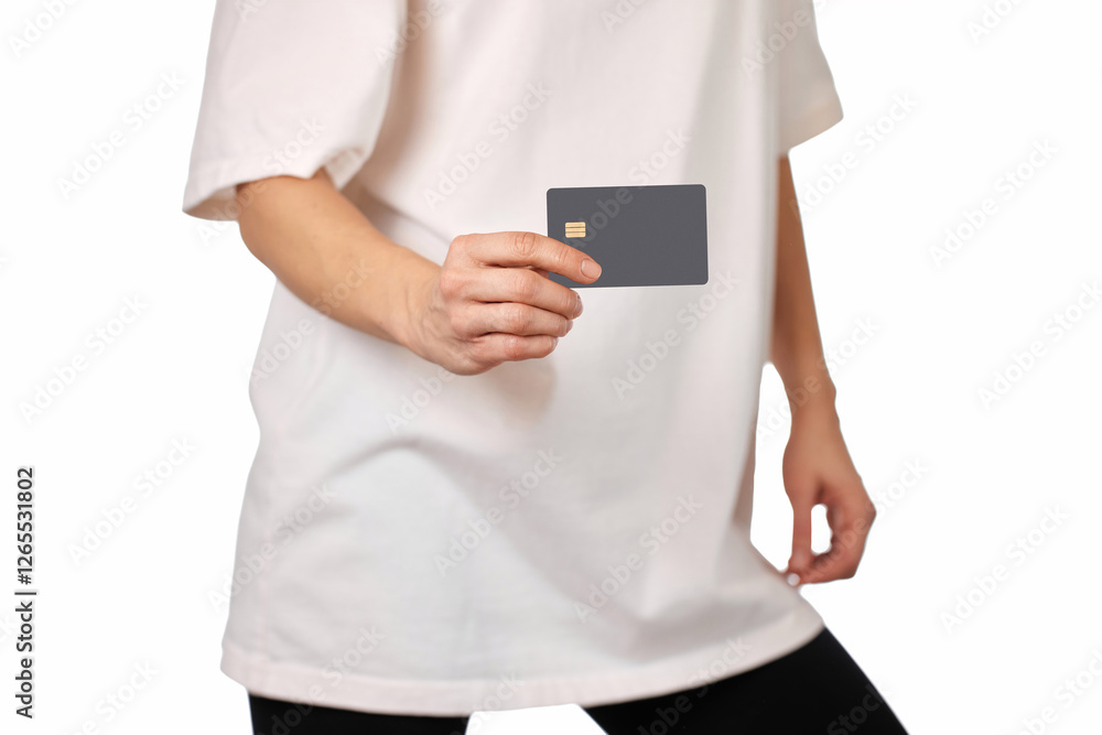 woman in white t-shirt showing black premium credit bank card on white background. credit card for online payment
