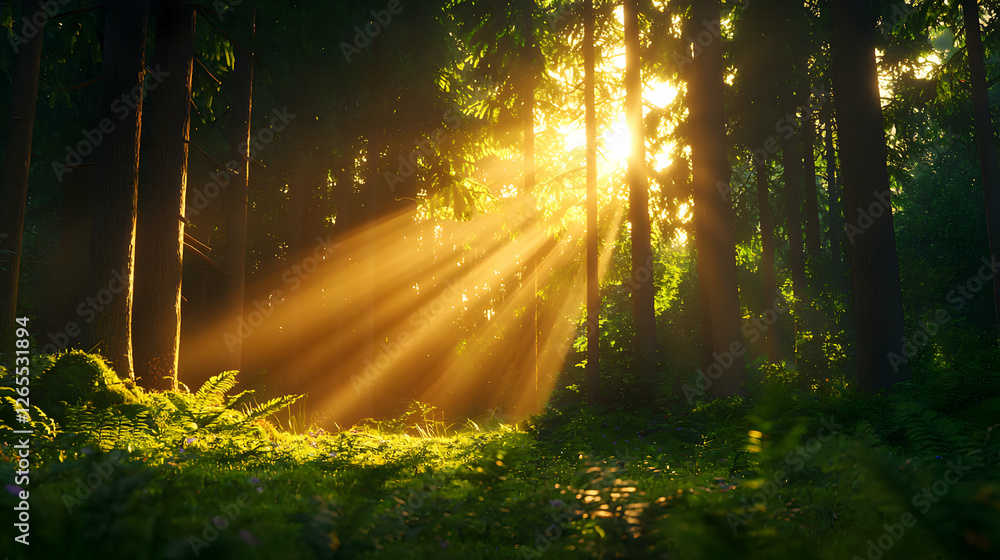 Obraz premium Sunbeams in a Lush Green Forest