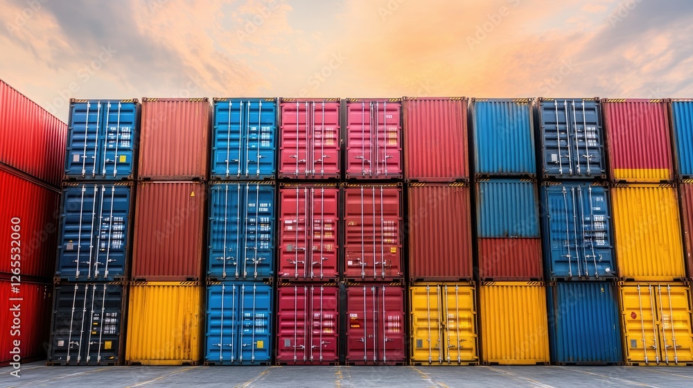 Obraz premium A storage facility with stacked shipping containers and metallic structures.