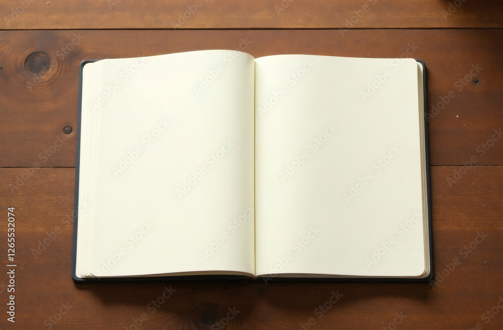 Open notebook on a wooden desk, blank cream-coloured pages, mockup, notebook, sketchbook, book Open notebook on a wooden desk, blank cream-coloured pages, mockup, notebook, sketchbook, book