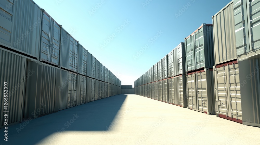 A storage facility with stacked shipping containers and metallic structures. A storage facility with stacked shipping containers and metallic structures.