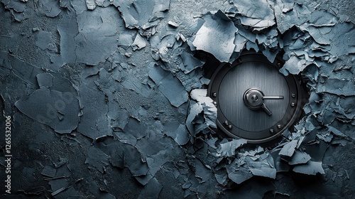 Torn and Crumpled Paper Surrounding a Vault Door with a Metallic Handle Half Opened Against a Textured Wall