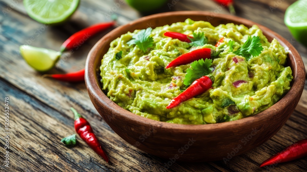 Freshly made guacamole with limes and chilies on a rustic wooden table Freshly made guacamole with limes and chilies on a rustic wooden table