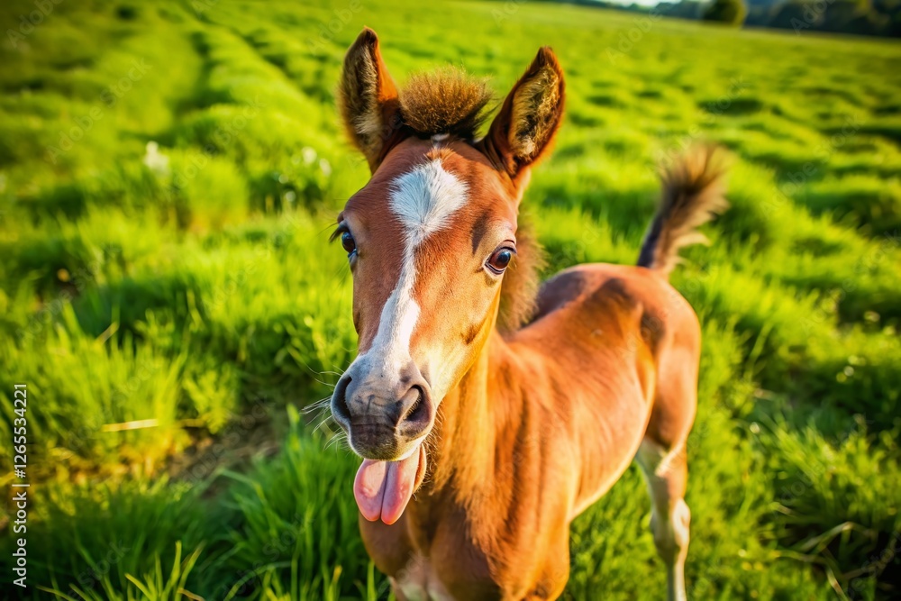 Adorable Foal Pony Sticking Out Tongue - Drone Aerial View Adorable Foal Pony Sticking Out Tongue - Drone Aerial View