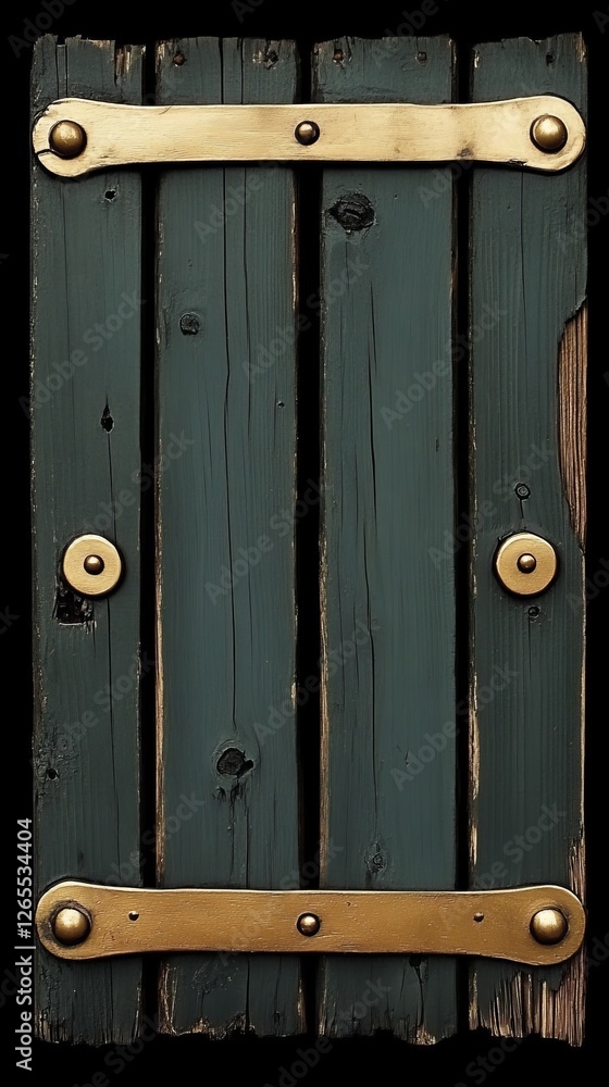 Obraz premium Close-up shot of an old, weathered wooden door with green paint and brass handles, featuring vintage design and rustic charm