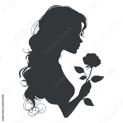 Beautiful girl holding a rose silhouette vector 