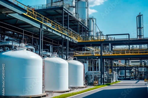 Modern industrial facility showcasing large storage tanks under a bright blue sky photo