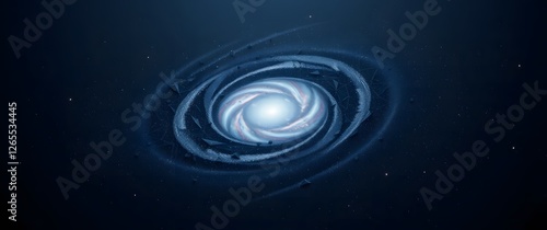 A low-poly 3D model of a galaxy wallpaper, composed of many small triangles and gradients of dark blue, black, and light grey, forming a digital approximation of a spiral galaxy.