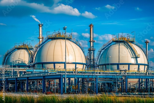 Giant gas storage spheres rise against a vibrant sky in an industrial landscape photo