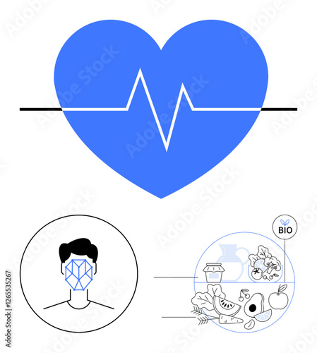 Blue heart with heartbeat line, facial recognition graphic, and bio-inspired circle of wellness items. Ideal for health tech, biometrics, wellness, organic living, medical apps, AI abstract line