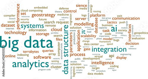 Vektor Wortwolke - Big Data Technologie und Analyse von digitalen Daten - Große Datenmengen für Politik Gesellschaft Industrie Medizin Wissenschaft und Militär - Lösungen und Informationen