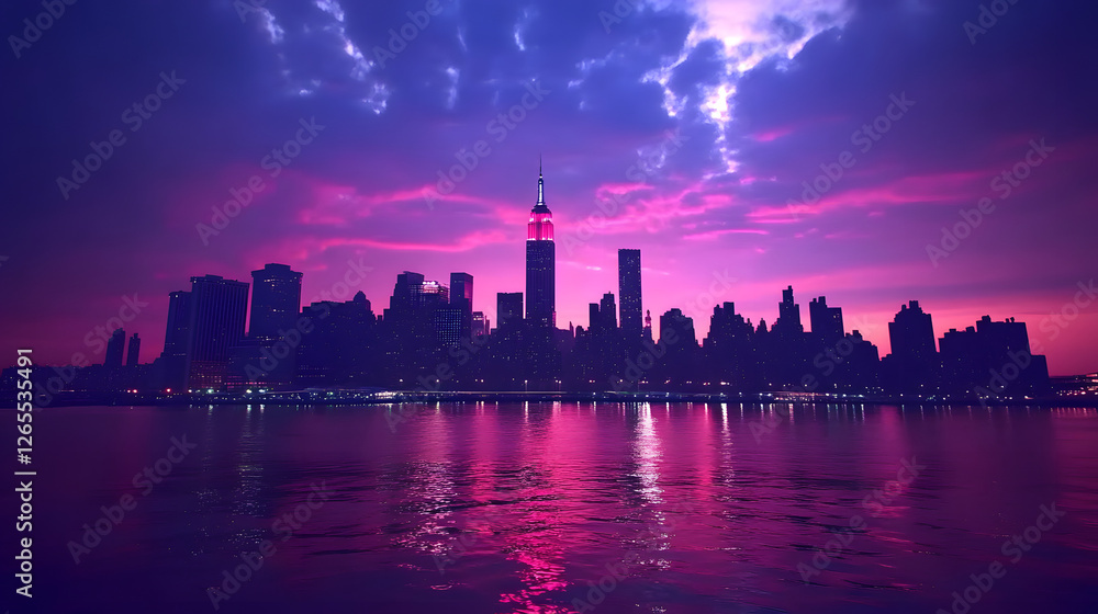 Fototapeta premium New York skyline at dusk, the city lights reflecting on the water with a colorful sky in the background 