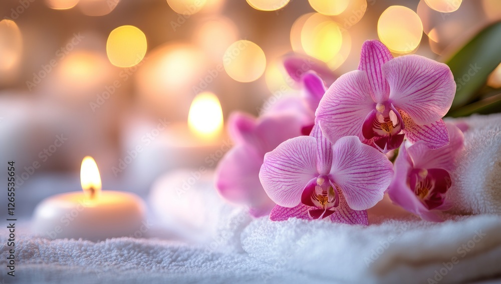 Serene Spa Setting: Pink Orchids and Candles Serene Spa Setting: Pink Orchids and Candles