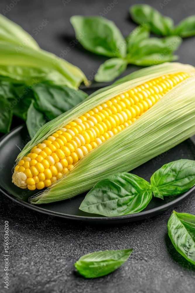 Freshly harvested corn on a black plate with basil leaves arranged around it Freshly harvested corn on a black plate with basil leaves arranged around it
