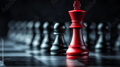 A single red chess king stands out against a row of black chess pieces, representing leadership, strategy, and dominance