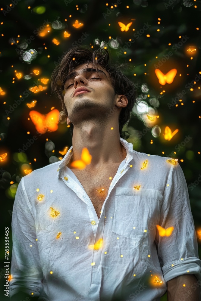 Young man surrounded by glowing butterflies in a serene forest setting during twilight Young man surrounded by glowing butterflies in a serene forest setting during twilight