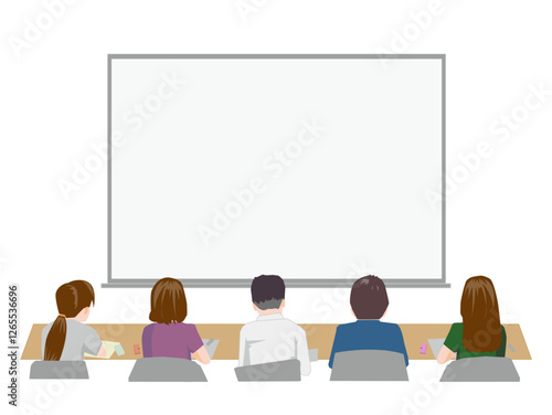 ホワイトボートとその前でセミナーを受けるために待っている人たち