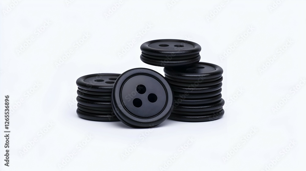 Stacks Of Black Plastic Buttons On White Background Stacks Of Black Plastic Buttons On White Background