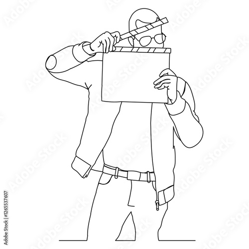 Dessin en ligne continue d'un réalisateur de cinéma, line art, vecteur