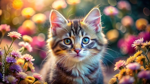 Adorable Kitten Portrait with Bokeh Flowers - Cute Pet Photography
