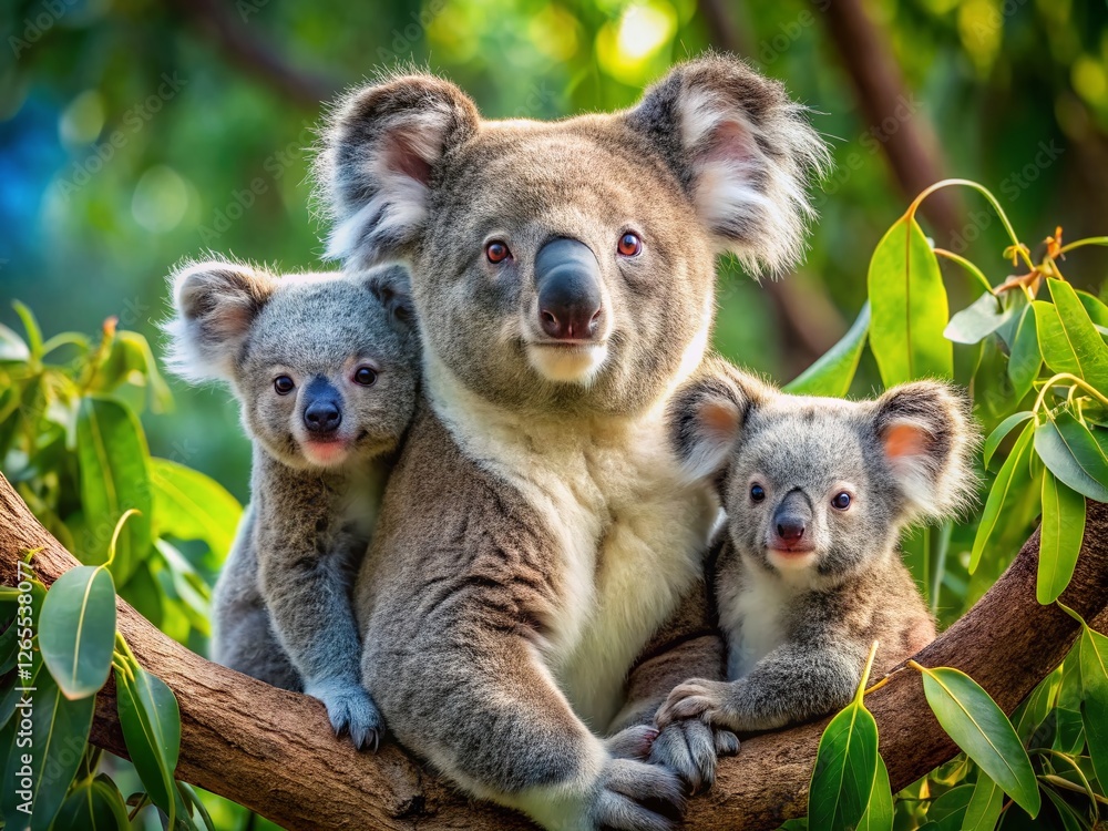 Obraz premium Adorable Koala Family Cuddling in Eucalyptus Tree - High-Resolution Stock Photo