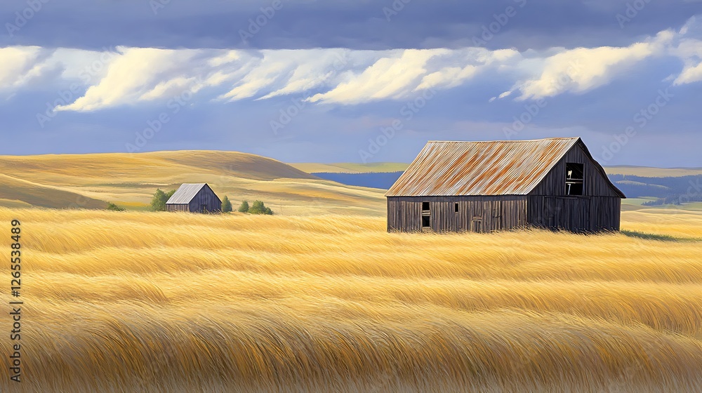 Rustic Barns Stand in Golden Wheat Field Under a Cloudy Sky Rustic Barns Stand in Golden Wheat Field Under a Cloudy Sky
