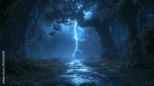 Stormy Night Forest Path, Lightning Strike