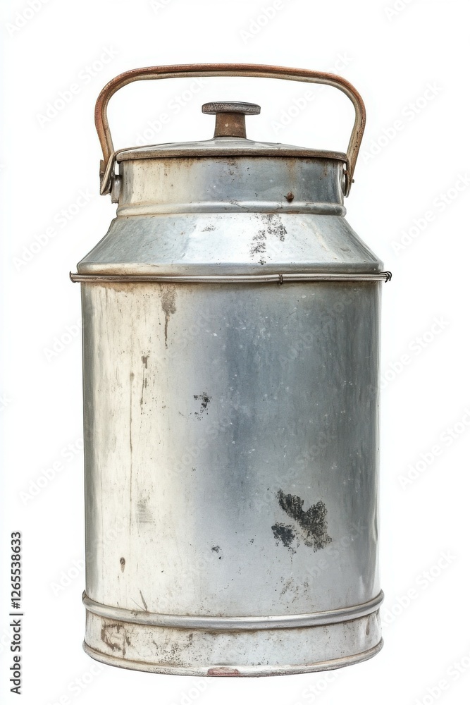 Milk Churn. Rustic Metal Churn Container for Milk on White Background
