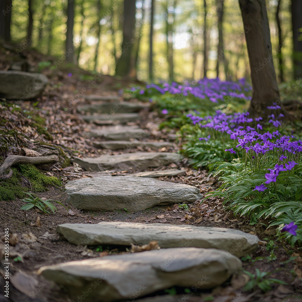 Obraz premium A stone path winds through the forest, with purple flowers growing on both sides. 