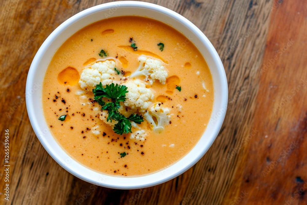Creamy cauliflower soup garnished with fresh herbs on wooden table Creamy cauliflower soup garnished with fresh herbs on wooden table