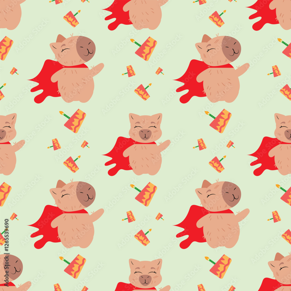 Obraz premium Seamless superhero birthday pattern with capybara characters in red capes and festive cake elements on a light green background. Perfect for birthday designs, party decorations, and wrapping paper