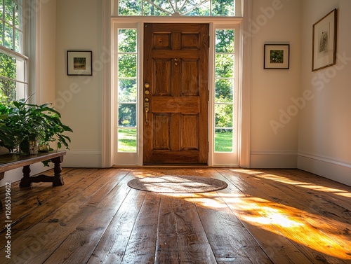 Sunny entryway with wooden door leading to garden